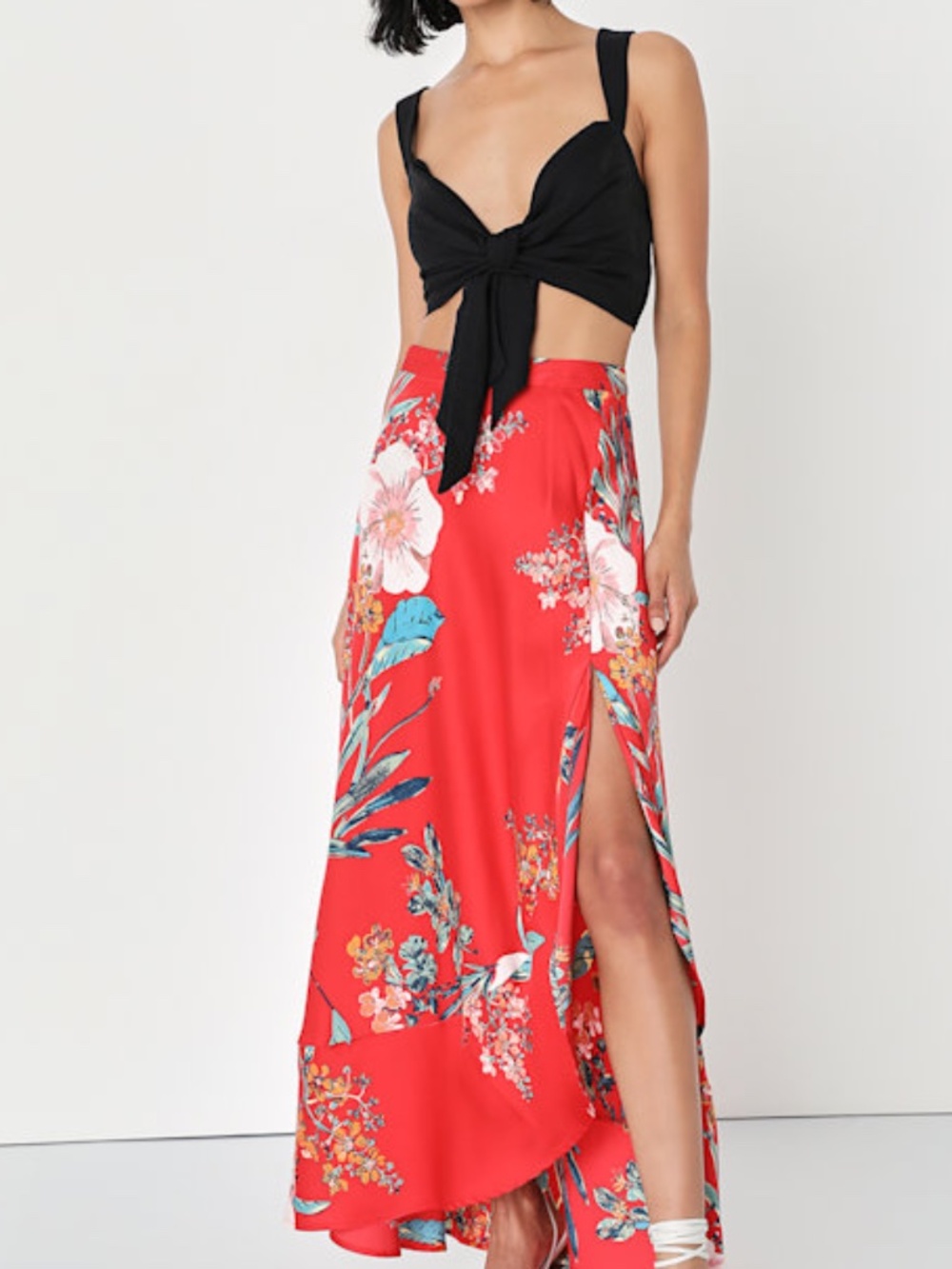 Lulus Superbly Stunning Red Floral Print Satin Maxi Skirt - Size L